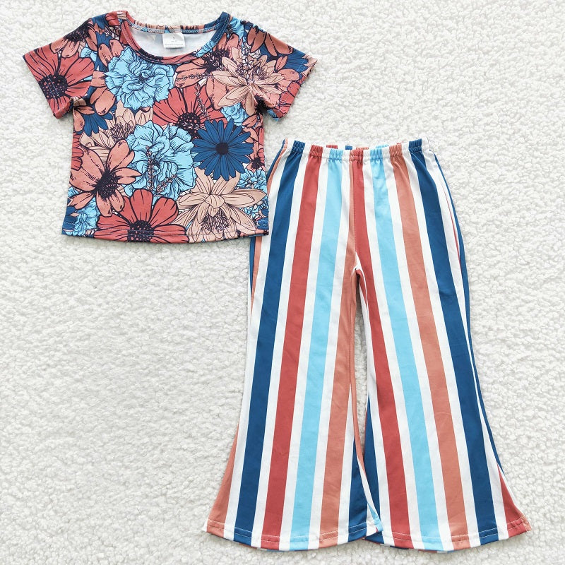 GSPO0578 Baby Girls Blue Flower Short Sleeve Color Stripe Trouser Suit