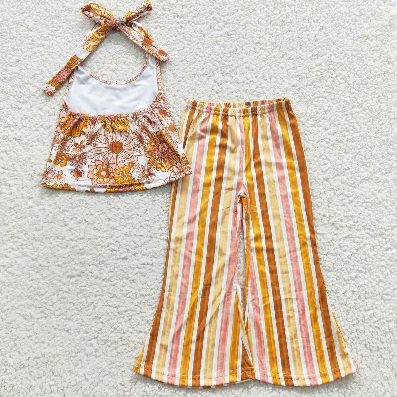 GSPO0579 Baby Girls Orange Flower Halter Neck Colorful Stripe Trouser Set