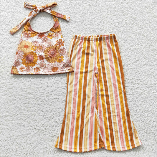 GSPO0579 Baby Girls Orange Flower Halter Neck Colorful Stripe Trouser Set