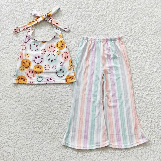GSPO0580 Baby Girls Smiley Halter Neck Colorful Striped Trousers Set