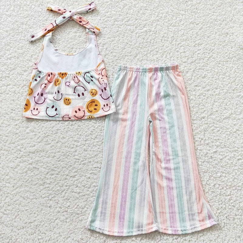 GSPO0580 Baby Girls Smiley Halter Neck Colorful Striped Trousers Set