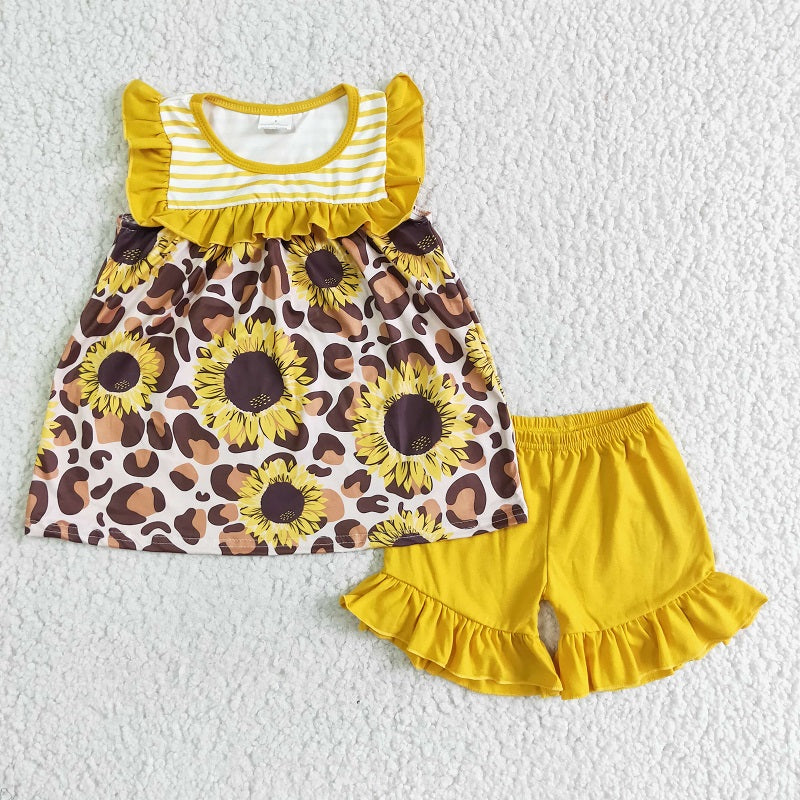 GSSO0069 Lace Sleeveless Sunflower Leopard Yellow Shorts Suit