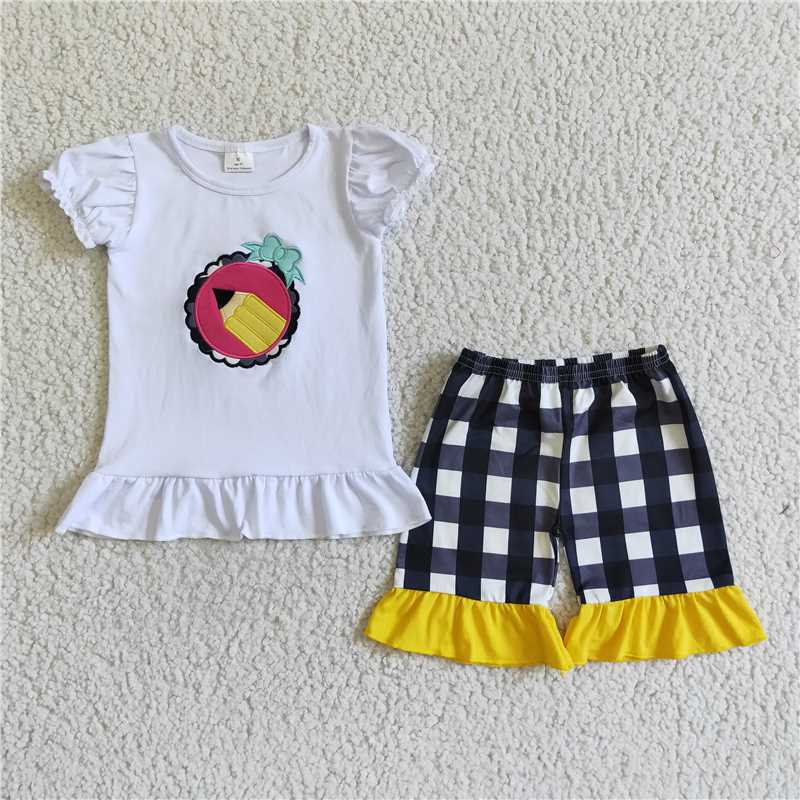 GSSO0102 Girls Embroidery Pencil Short Sleeve Black and White Plaid Shorts Suit