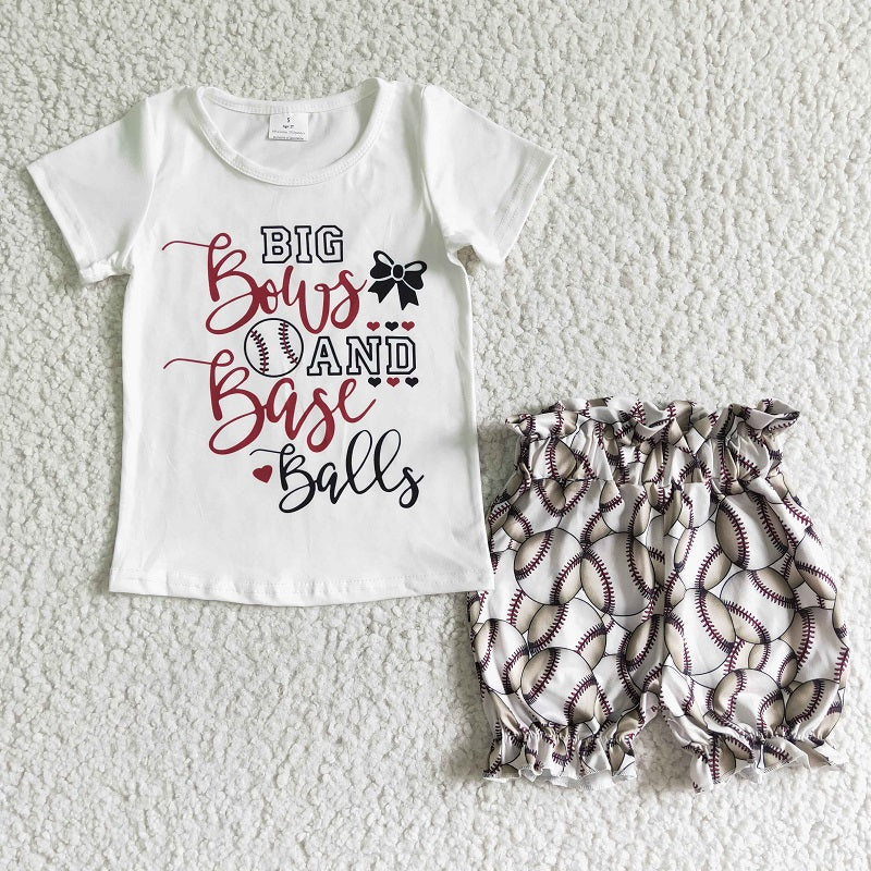 GSSO0115 Girls Baseball White Letters Print  Short Sleeve Shorts Set