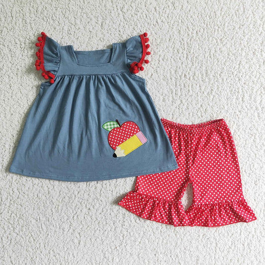 GSSO0120 Girls Blue Embroidery Apple Pencil Fly Sleeves Red Shorts Suit