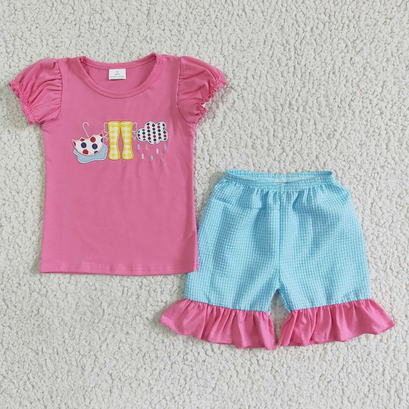 GSSO0123 Girls Embroidered Umbrella Rain Boots Pink Short Sleeve Shorts Set D 3.1