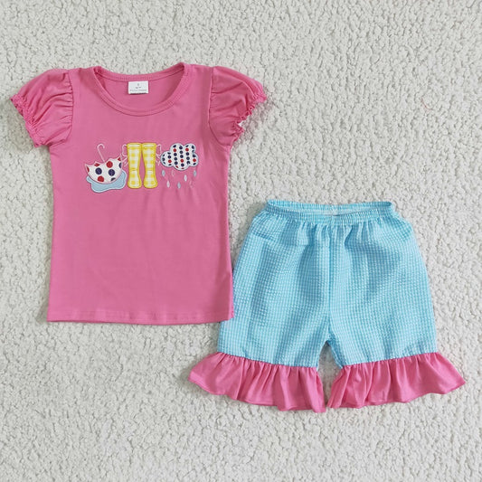 GSSO0123 Girls Embroidered Umbrella Rain Boots Pink Short Sleeve Shorts Set D 3.1
