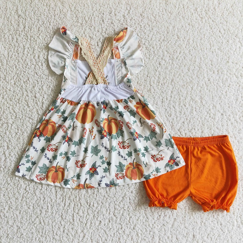 GSSO0125 KIDS GIRLS FALL EMBROIDERY PUMPKIN OUTFIT