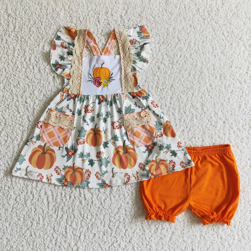 GSSO0125 KIDS GIRLS FALL EMBROIDERY PUMPKIN OUTFIT