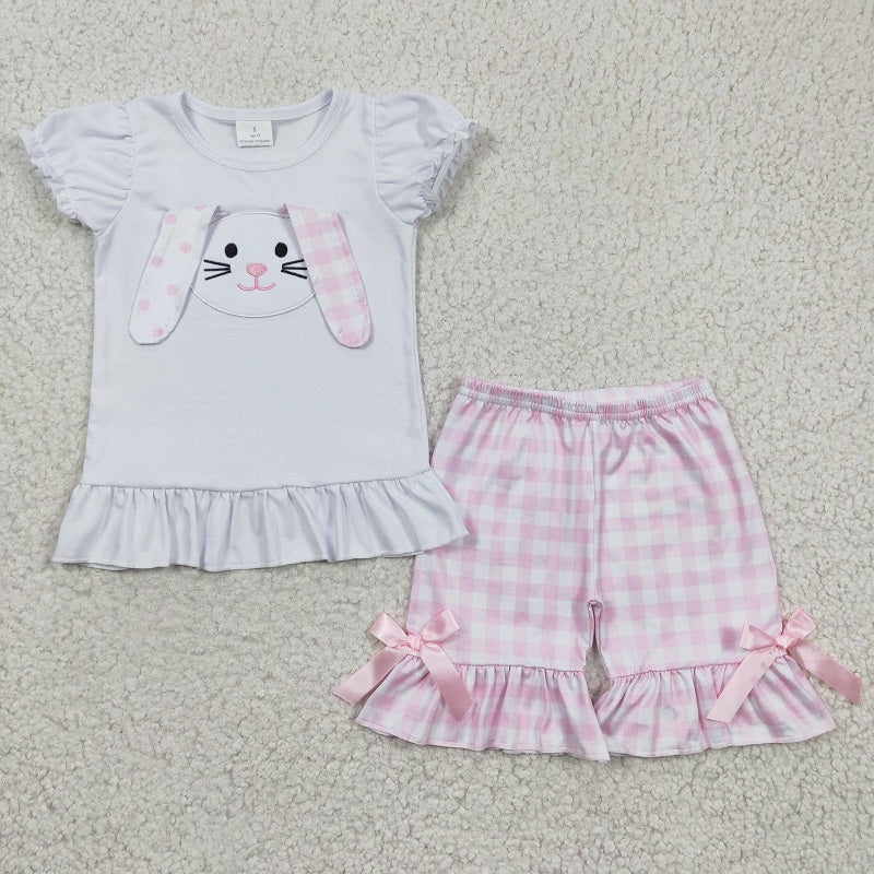 GSSO0128 Girls Embroidered Rabbit White Short Sleeve Pink Shorts Set