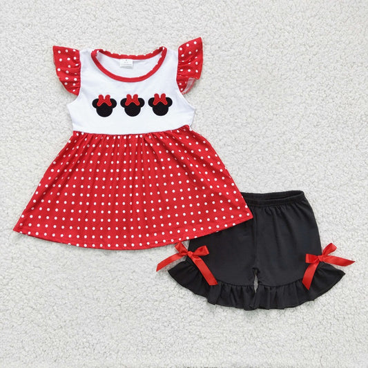 GSSO0130 polk dots cartoon mouse embroidered shorts set