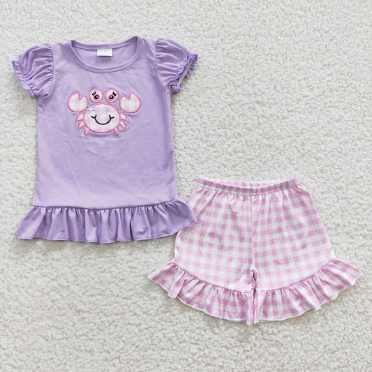 Not all size GSSO0135 Baby Girls Embroidered Pink Crab Purple Short Sleeve Shorts Set D 7.3