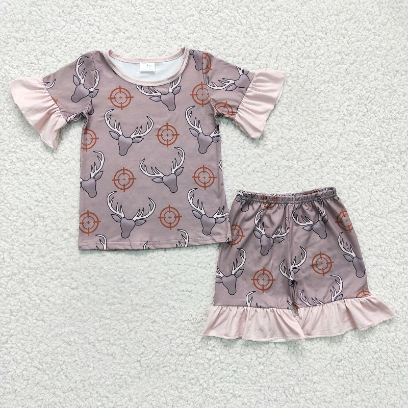 GSSO0138 Girls Bull Head Dark Coffee Short Sleeve Shorts Set