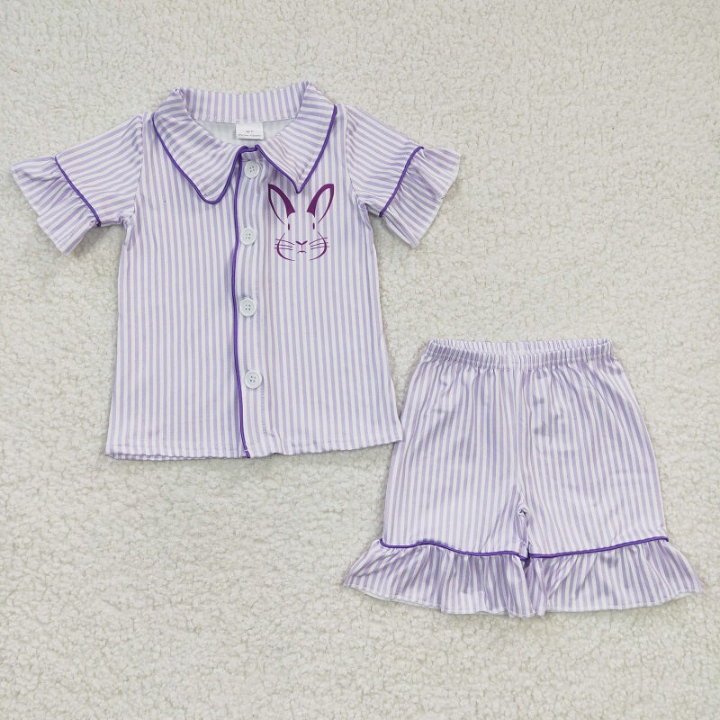 GSSO0144 Girls Bunny Purple Stripe Short Sleeve Shorts Set