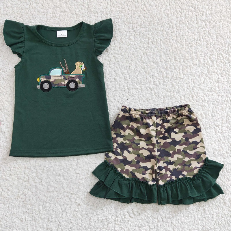 GSSO0145 Girls Embroidered Camouflage Car Dog Green Flying Sleeve Shorts Set