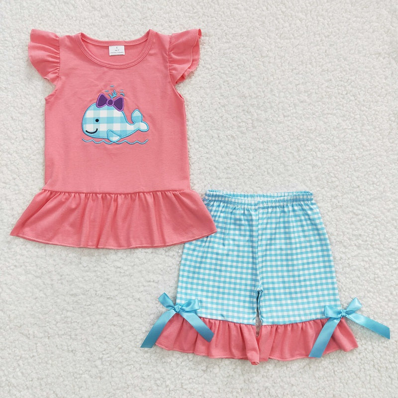 GSSO0150 Baby Girls Embroidered Whale Red Flying Sleeves Blue Shorts Set