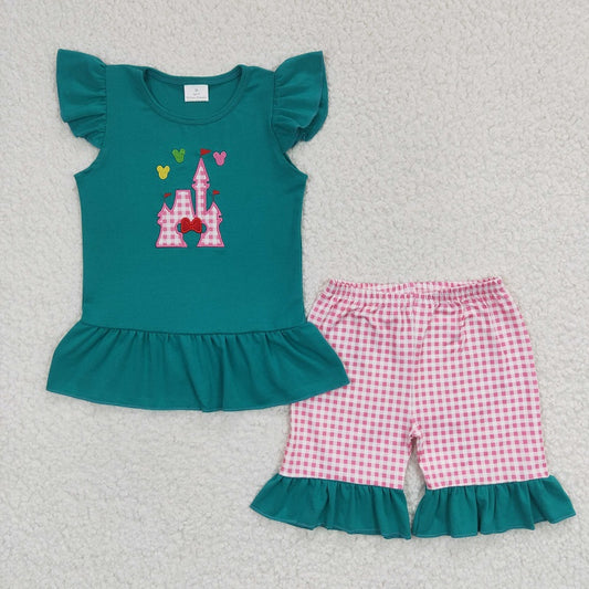 GSSO0151 Baby Girls Embroidered Castle Green Flying Sleeves Red Shorts Set