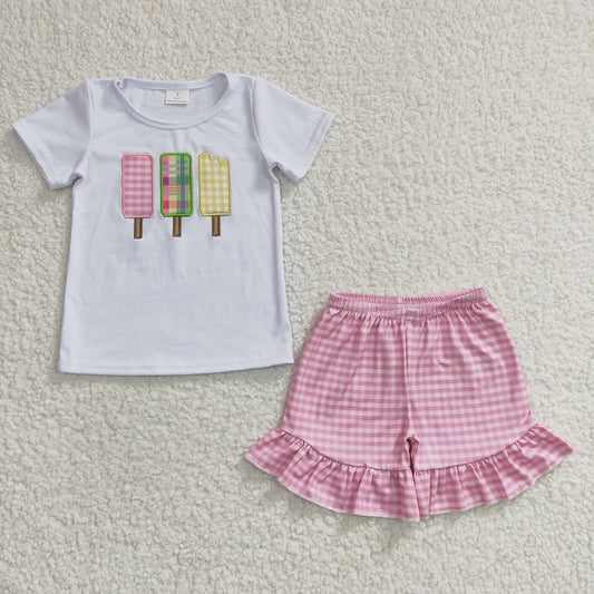 GSSO0157 Girls Embroidered Popsicle Ice Cream White Short Sleeve Pink Shorts Set D 7.17