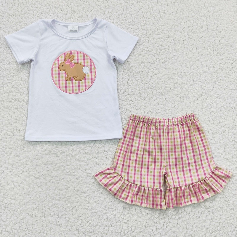 GSSO0158 Girls Embroidered Rabbit White Short Sleeve Plaid Shorts Set