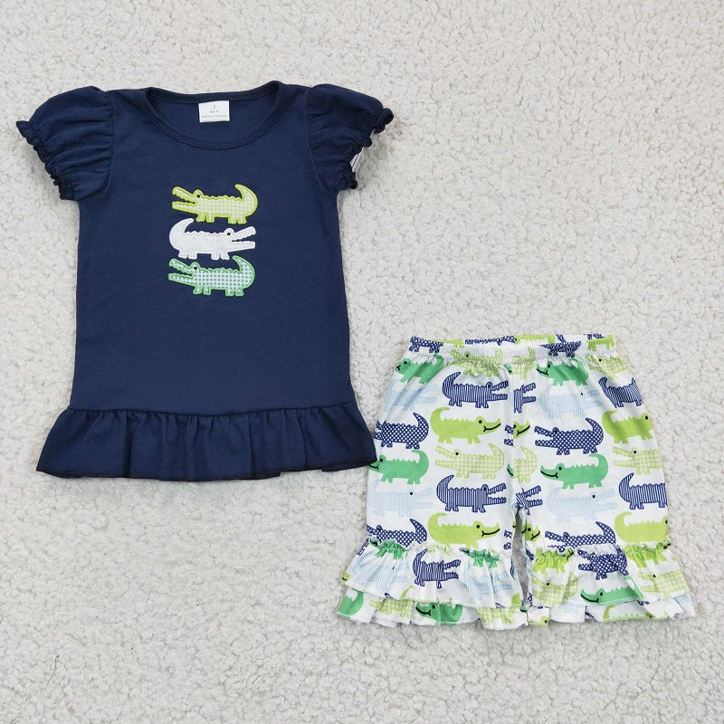 GSSO0159 Girls Embroidered Crocodile Navy Short Sleeve Shorts Set