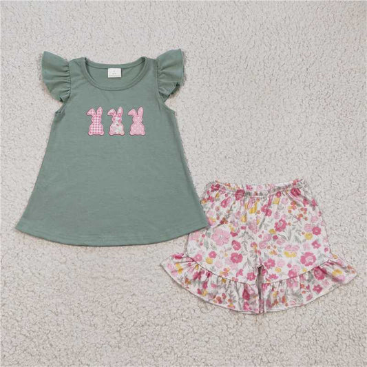 GSSO0160 Girls Embroidered Three Rabbits Flying Sleeve Flower Shorts Set