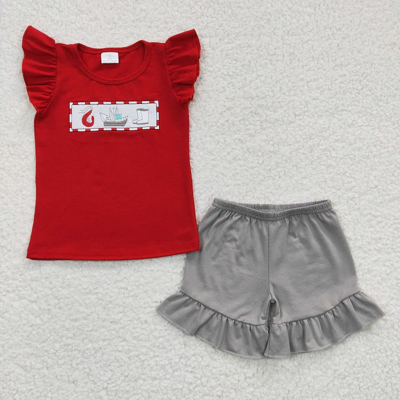 GSSO0161 Baby Girls Embroidered Steamboat Boots Red Flying Sleeve Shorts Set