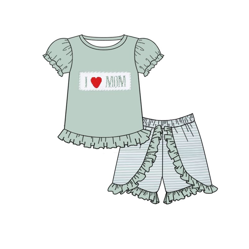 GSSO0189 Baby Girl Love MOM Green Short Sleeve Shorts Set