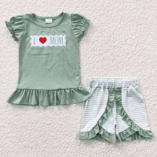 GSSO0189 Baby Girl Love MOM Green Short Sleeve Shorts Set