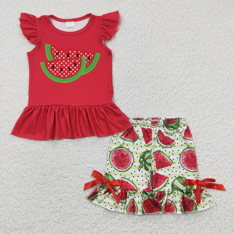 GSSO0191 Baby Girls Watermelon Red Flying Sleeve Shorts Set