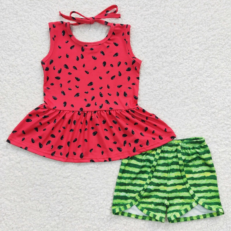GSSO0192 Girls Watermelon Red Sleeveless Green Shorts Set