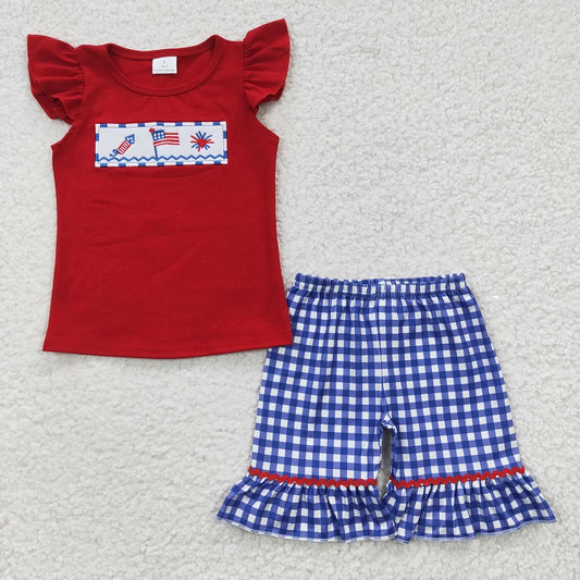 GSSO0193 Baby Girls Embroidered National Day Flag Fireworks Red Short Sleeve Shorts Set