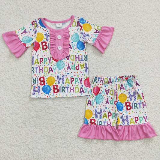 GSSO0198 Baby Girls happy birthday pink short-sleeved shorts suit