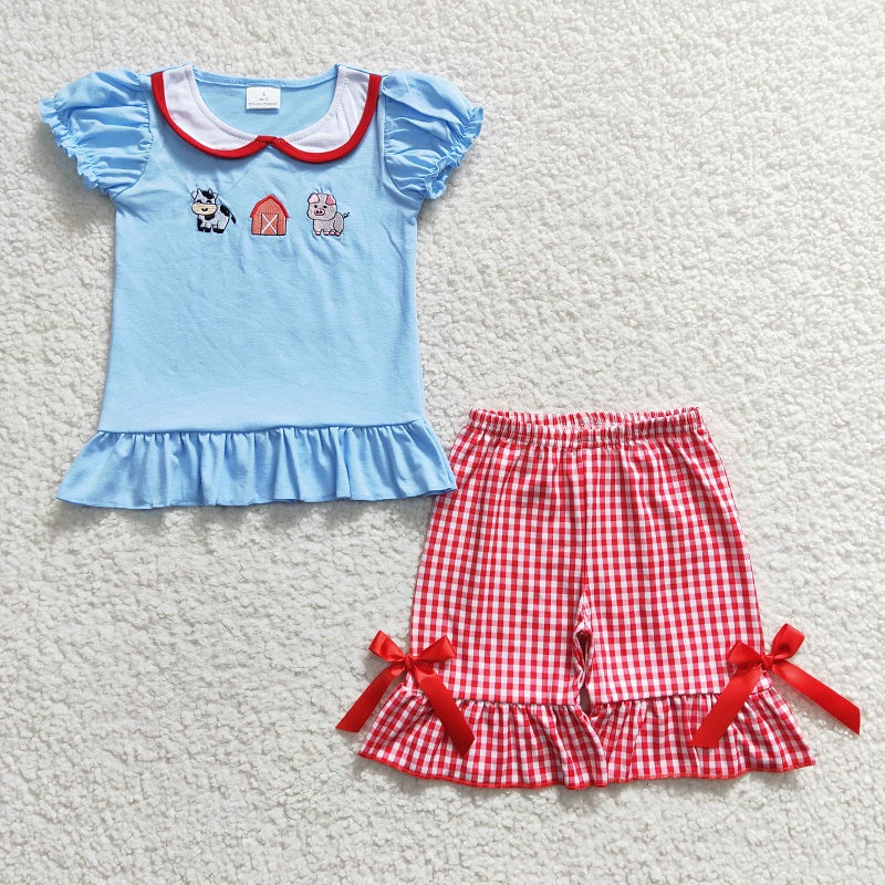 GSSO0200 Baby Girls Embroidered Farm Cow Pig Blue Short Sleeve Shorts Set