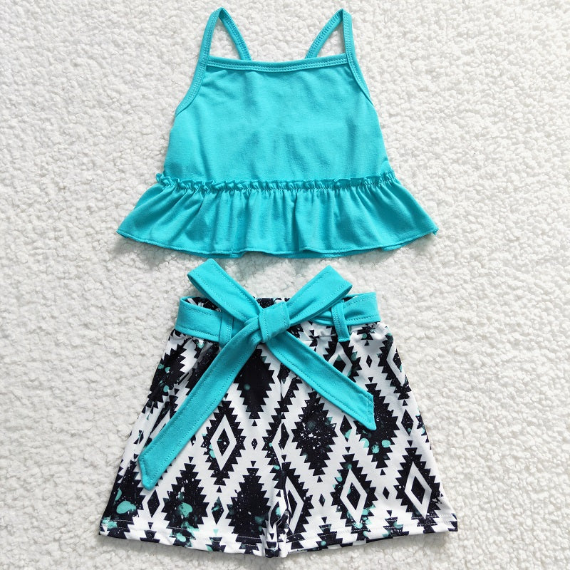 GSSO0201 Baby Girls Blue Suspenders Geometric Pattern Shorts Set