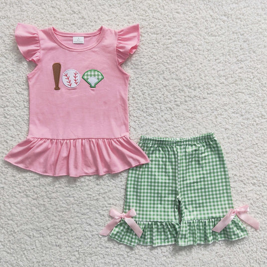 GSSO0205 Baby Girls Pink Embroidered Baseball Flying Sleeves Green Plaid Shorts Set