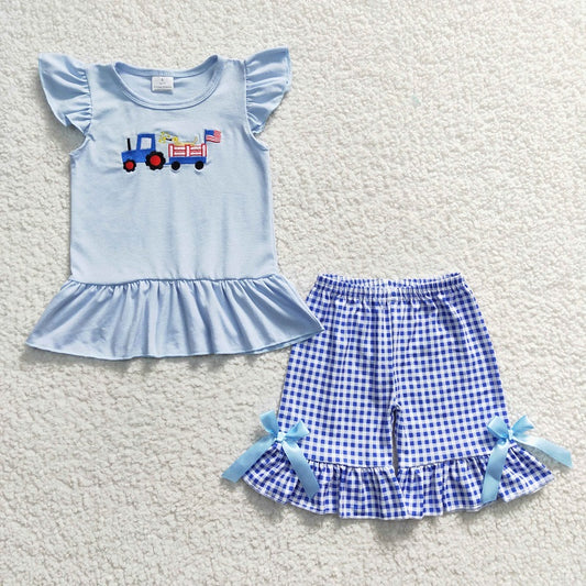 GSSO0206 Girls Embroidered National Day Car Dog Blue Flying Sleeve Shorts Set