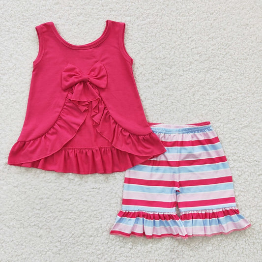 GSSO0209  Baby Girls Rose Red Striped Vest Shorts Set