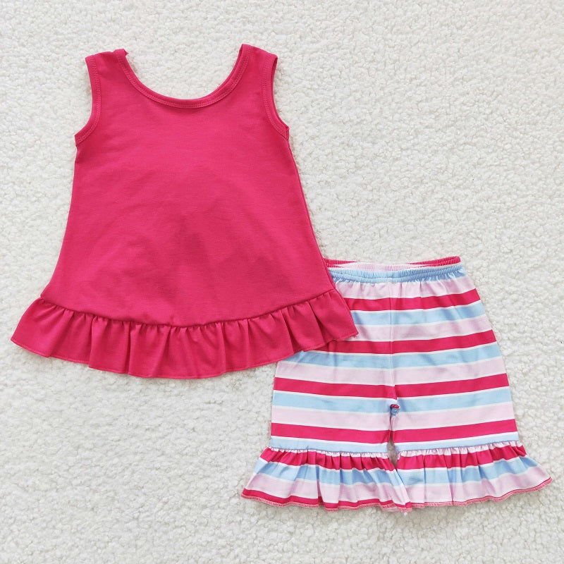 GSSO0209  Baby Girls Rose Red Striped Vest Shorts Set