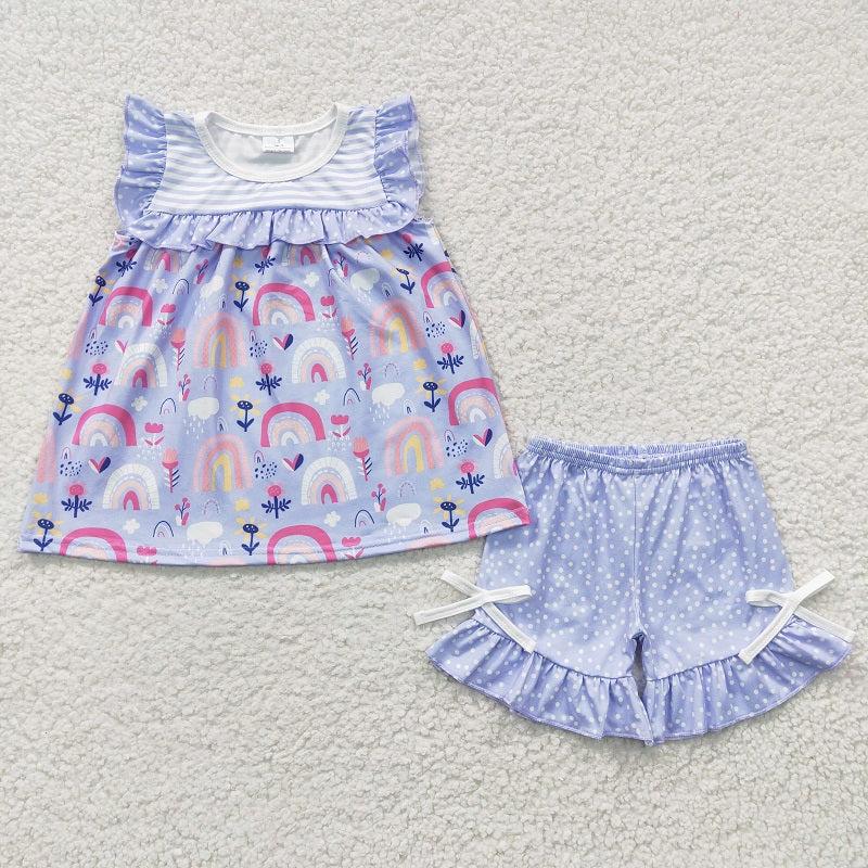 GSSO0214 Baby Girls Rainbow Flower Blue Polka Dot Sleeveless Shorts Set