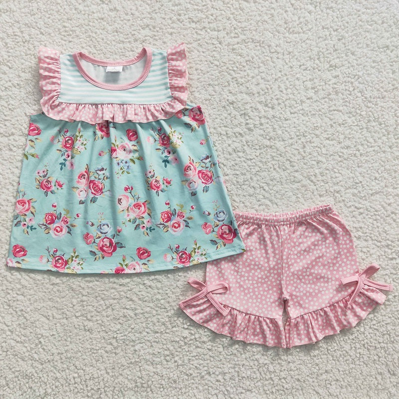 GSSO0215 Baby Girls Floral Green Stripe Sleeveless Pink Shorts Set