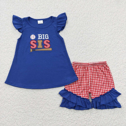 GSSO0219 Baby Girls Embroidered SIS Playing Baseball Navy Blue Flying Sleeve Shorts Set