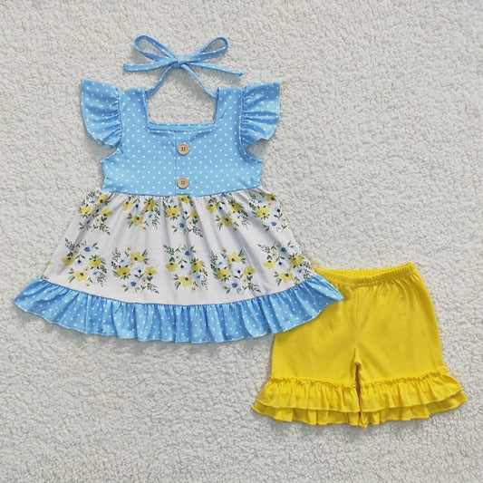 GSSO0220 Baby Girls Blue Flower Flying Sleeves Yellow Shorts Set