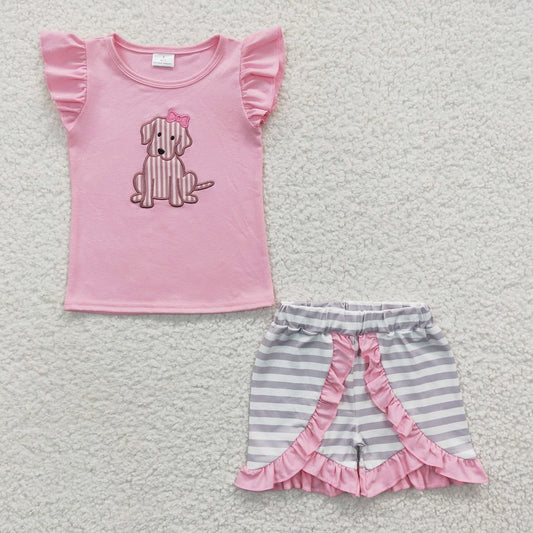 GSSO0223 Baby Girls Embroidered Puppy Pink Flying Sleeve Shorts Set