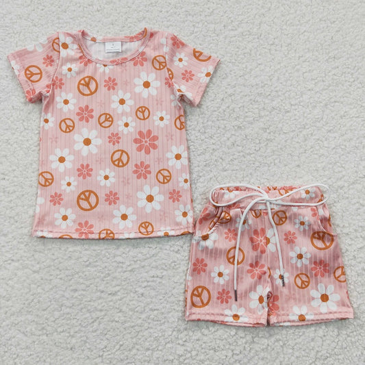 GSSO0228 Baby Girls White Floral Pink Short Sleeve Shorts Set