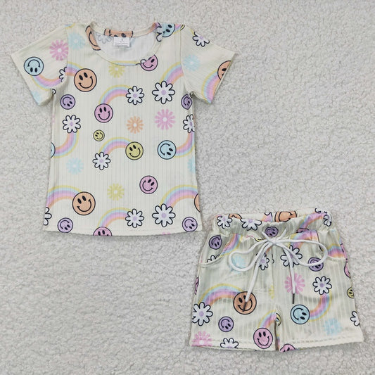 GSSO0229 Baby Girls Smiley Rainbow White Short Sleeve Shorts Set