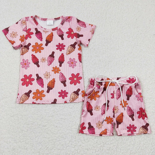 GSSO0230 Baby Girls Ice Cream Flower Pink Short Sleeve Shorts Set