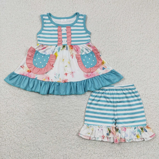 GSSO0240 Baby Girls Floral Blue Stripe Pocket Sleeveless Shorts Set