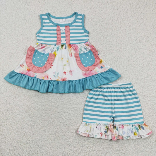 GSSO0240 Baby Girls Floral Blue Stripe Pocket Sleeveless Shorts Set D 6.27