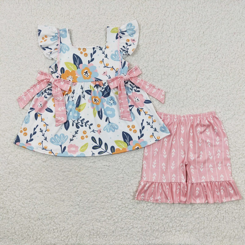 GSSO0241 Baby Girls Flower and leaf bow vest shorts set