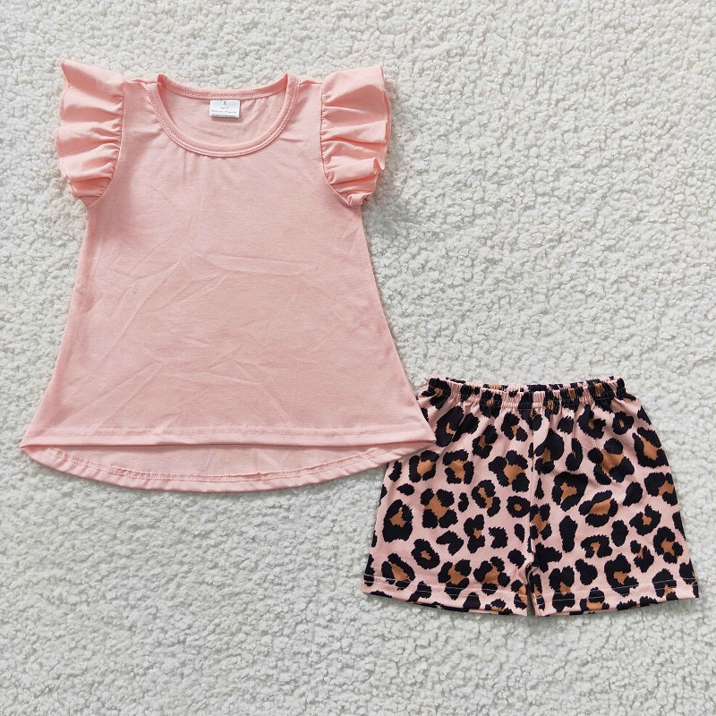 GSSO0246 Pink Flying Sleeve Leopard Shorts Set